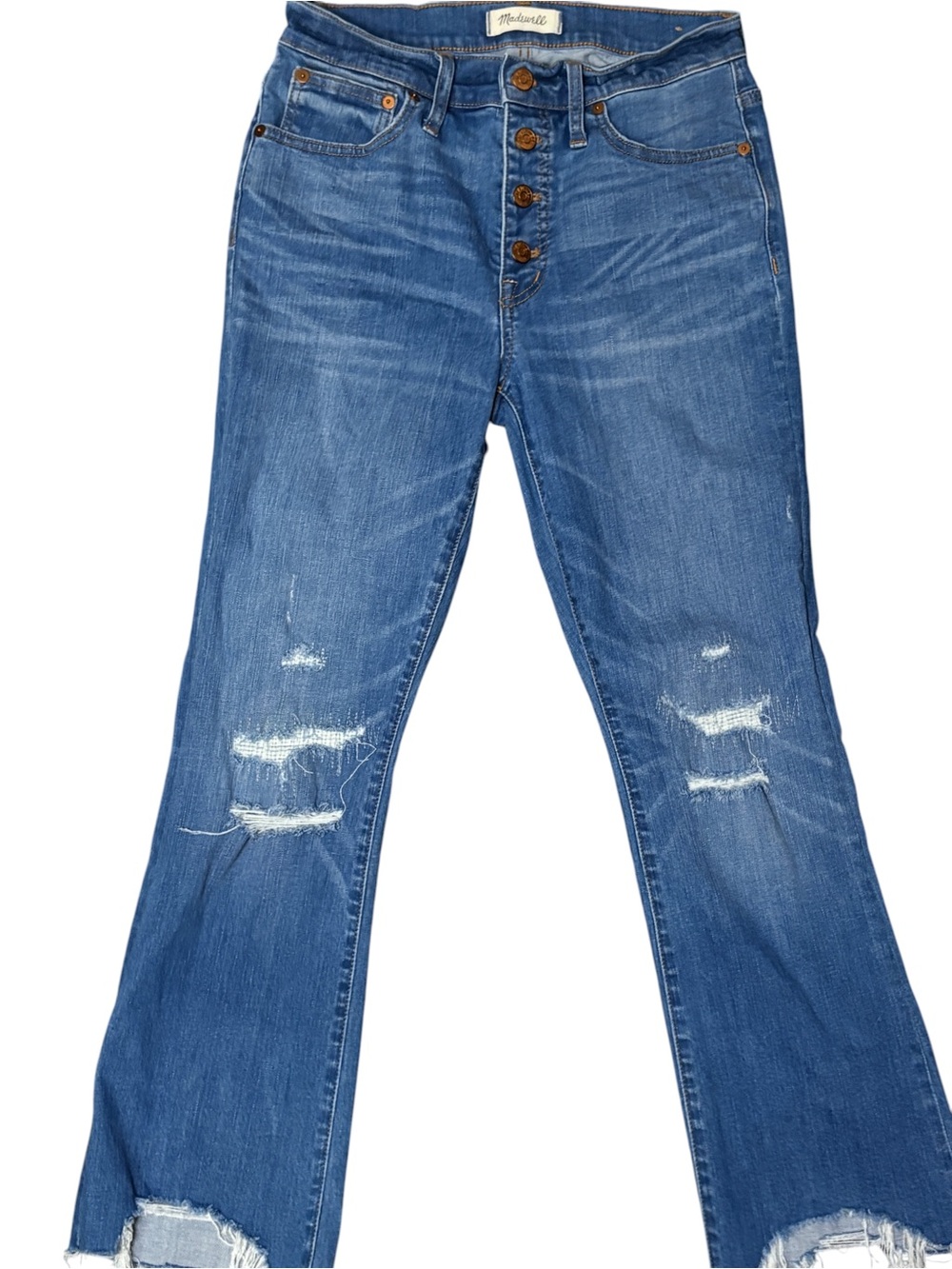 Madewell J0512 Distressed Cropped Jeans Raw Hem Blue Denim